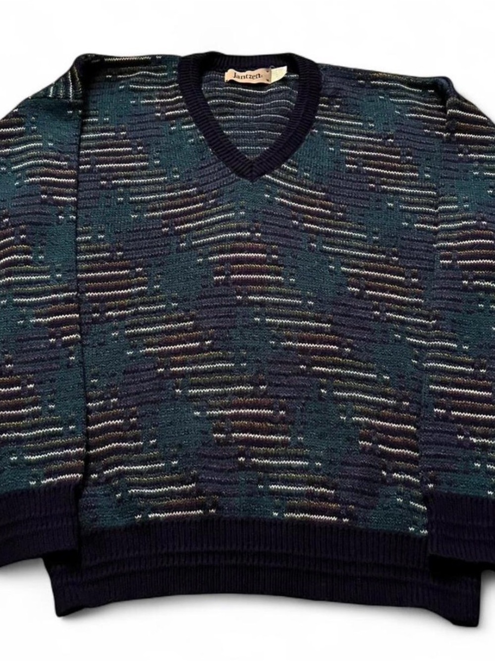 Men’s Vintage 90s Jantzen Multicolor Knit V-Neck Sweater Size XL